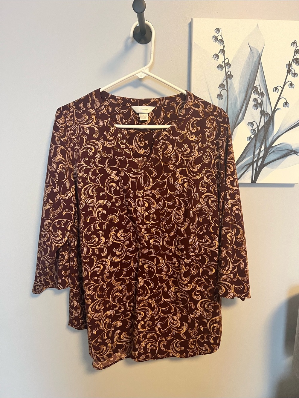 CJ Banks Burgundy and Cream Paisley Print Blouse